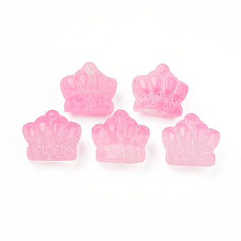 Two Tone Transparent Spray Painted Glass Beads, Crown, Pink, 12x14x8.5mm, Hole: 1mm