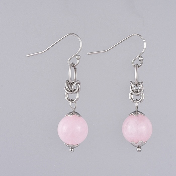 Natural Rose Quartz Dangle Earrings, with 304 Stainless Steel Flower Bead Caps and 316 Surgical Stainless Steel Earring Hooks, 39mm, Pin: 0.6mm