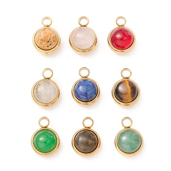 Natural Mixed Stone Charms, with Ion Plating(IP) 304 Stainless Steel Findings, Half Round, Real 18K Gold Plated, 13.5x10x7.5mm, Hole: 2.5mm
