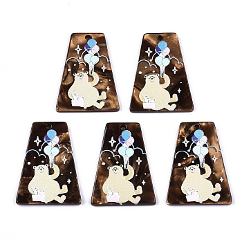 Cellulose Acetate(Resin) Pendants, 3D Printed, Trapezoid with Bear & Balloon Pattern, Camel, 32x23.5x2.5mm, Hole: 1.6mm