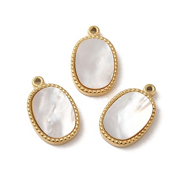 304 Stainless Steel with Shell Pendants, Oval Charms, Real 14K Gold Plated, 19.5x12x2.5mm, Hole: 1.2mm