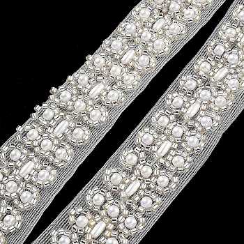 Polyester Lace Trims, with ABS Imitation Pearl Beads and Glass, Floral White, 7/8 inch(22mm)