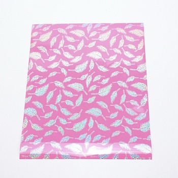 PU Heat Transfer Film, for Garment Accessories, Rectangle with Feather Pattern, Hot Pink, 305x250x0.3mm