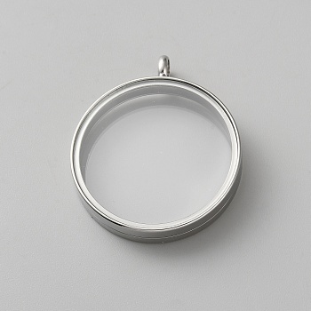 304 Stainless Steel Locket Pendants, with Glass, DIY Accessories for Jewelry Pendant Making, Flat Round Charm, Stainless Steel Color, 41x34x6mm, Hole: 5mm, Inner Diameter: 30mm