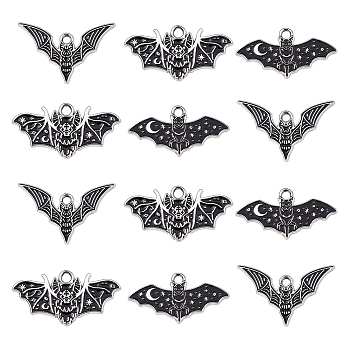 30Pcs 3 Styles Halloween Alloy Enamel Pendants, Platinum, Bat Charm, Black, 13.5~17x25.5x1mm, Hole: 1.8mm, 10pcs/style