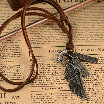 Adjustable Leather Cord Alloy Wing Pendant Necklaces For Men, Coconut Brown, 8 inch~16 inch