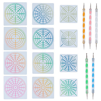 12Pcs 3 Sizes Mandala Flower Plastic Drawing Stencils, Square Drawing Scale Template, For DIY Scrapbooking, with 1 Set Art Dotting Pens, Mixed Color, Drawing Stencils: 91~149x90~148x0.3mm, 4pcs/size
