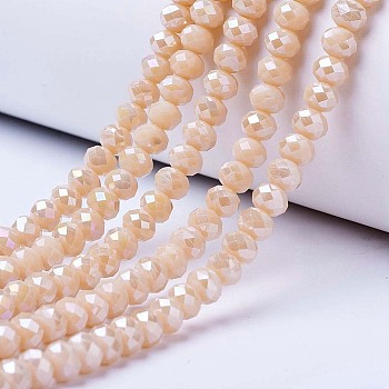 Electroplate Glass Beads Strands, Opaque Solid Color, AB Color Plated, Faceted, Rondelle, Antique White, 8x6mm, Hole: 1mm, about 64~65pcs/strand, 40~41cm