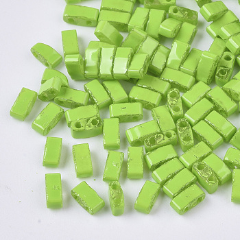 2-Hole Glass Seed Beads, Opaque Spray Painted or Transparent Spray Painted, Rectangle, Lime Green, 4.5~5.5x2x2~2.5mm, Hole: 0.5~0.8mm