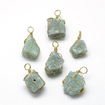 Natural Green Aventurine Pendants, with Brass Wire, Nuggets, Golden, 30~45x15~30x15~25mm, Hole: 5~7mm