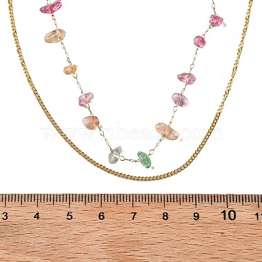 304 Collares de doble capa con chips de colores de piedra natural y acero inoxidable para mujer(NJEW-Z061-06G-01)-5