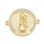 Religion Brass Pave Clear Cubic Zirconia Connector Charms, Flat Round with Holy Virgin Links, Long-Lasting Plated, Cadmium Free & Lead Free, Rack Plating, Real 18K Gold Plated, 25x31x4mm, Hole: 1.8mm(KK-L275-01G)