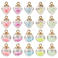 50Pcs 10 Styles Glow in the Dark Luminous Glass Globe Pendants, with Glass Rhinestone Inside and Golden Pendant Bails, Round & Heart Charms, Mixed Color, 20~22x15~16x9~16mm, Hole: 2~2.5mm, 5Pcs/style(FIND-TA0002-24)