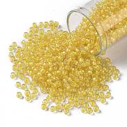 TOHO Round Seed Beads, Japanese Seed Beads, (192) Inside Color Crystal/Yellow Lined, 8/0, 3mm, Hole: 1mm, about 222pcs/bottle, 10g/bottle(SEED-JPTR08-0192)