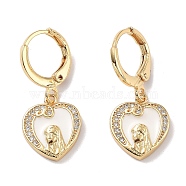Real 18K Gold Plated Brass Dangle Leverback Earrings, with Enamel and Cubic Zirconia, Heart, 26.5x13.5mm(EJEW-L269-003G-01)