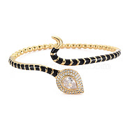 Clear Cubic Zirconia Teardrop Open Cuff Bangle with Enamel, Real 18K Gold Plated Brass Jewelry for Women, Cadmium Free & Lead Free, Black, Inner Diameter:1-7/8x2-1/4 inch(4.9x5.7cm)(BJEW-S141-016A)