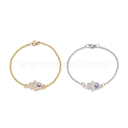 2Pcs 2 Color Crystal Rhinestone Hamsa Hand with Evil Eye Link Bracelet, Alloy Jewelry for Women, Platinum & Golden, 7-1/2 inch(19cm), 1Pc/color(BJEW-JB09161)