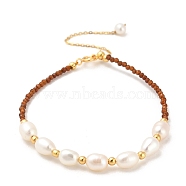 Natural Garnet Bead Bracelets, with Sterling Silver Beads and Pearl Beads, Real 18K Gold Plated, 17.8cm(BJEW-E098-09G)