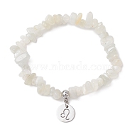 Natural Moonstone Chip Beaded Stretch Bracelets, 304 Stainless Steel Lion Charm Bracelets for Women, Inner Diameter: 1-7/8~2-1/4 inch(4.8~5.7cm)(BJEW-JB11133-07)