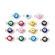 Brass Enamel Connector Charms, Flat Round with Evil Eye, Mixed Color, 12x6.5x4mm, Hole: 1mm(KK-K263-03)