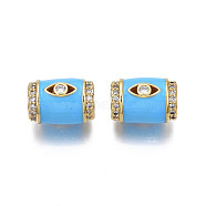 Brass Micro Pave Clear Cubic Zirconia European Beads, with Enamel, Large Hole Beads, Nickel Free, Real 18K Gold Plated, Column with Eye, Deep Sky Blue, 16x11.5mm, Hole: 6.5mm(ZIRC-N039-220C)