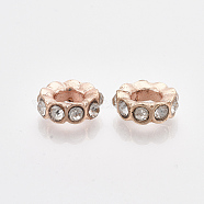 Rose Gold Plated Alloy European Beads, with Rhinestones, Large Hole Beads, Flat Round, Crystal, 11.5x4mm, Hole: 5mm(MPDL-S067-25)