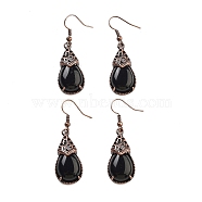 Natural Obsidian Teardrop Dangle Earrings, Red Copper Plated Brass Earrings for Women, 48x15mm(EJEW-B055-01R-23)