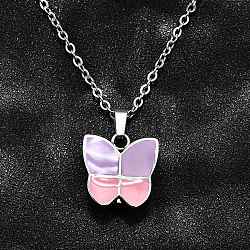 304 Stainless Steel Lilac and Pink Enamel Butterfly Cinerary Casket Pendant Necklaces, Urn Ashes Necklaces for Pet, Stainless Steel Color, 21.42 inch(54.4cm)(NJEW-V002-01P)