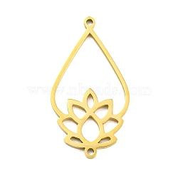 304 Stainless Steel Connector Charms, Teardrop Links with Lotus, Golden, 27.5x14.5x1mm, Hole: 1.2mm(STAS-Q255-01G)
