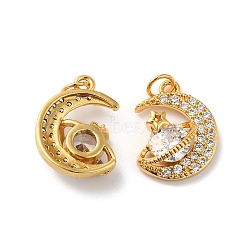 Rack Plating Brass Cubic Zirconia Pendants, with Jump Ring, Lead Free & Cadmium Free, Long-Lasting Real 18K Gold Plated, Moon & Planet & Star Charm, Clear, 18x13x5mm, Hole: 3.5mm(KK-D074-11G)