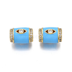 Brass Micro Pave Clear Cubic Zirconia European Beads, with Enamel, Large Hole Beads, Nickel Free, Real 18K Gold Plated, Column with Eye, Deep Sky Blue, 16x11.5mm, Hole: 6.5mm(ZIRC-N039-220C)