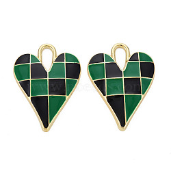 Rack Plating Alloy Enamel Pendants, Cadmium Free & Nickel Free & Lead Free, Heart, Light Gold, Green, 34.5x25.5x4mm, Hole: 3.5mm(ENAM-T015-014A-NR)