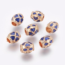 Alloy Enamel Beads, Barrel with Heart Pattern, Golden, Blue, 8x7mm, Hole: 3.5mm(ENAM-E294-01G)