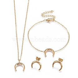 304 Stainless Steel Jewelry Sets, Bracelets, Necklaces and Earrings, Crescent Moon/Double Horn, Golden, 17.7 inches(45.1cm); 1mm; 6-7/8 inches(17.5cm); 1mm; 14x14.5x2.5mm; Pin: 0.9mm(SJEW-F204-20-G)