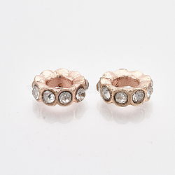 Rose Gold Plated Alloy European Beads, with Rhinestones, Large Hole Beads, Flat Round, Crystal, 11.5x4mm, Hole: 5mm(MPDL-S067-25)