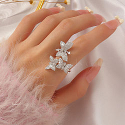 Brass Micro Pave Cubic Zirconia Cuff Rings for Women, Butterfly, Silver, Clear, Inner Diameter: 18mm(FS-WGE5C54-01)