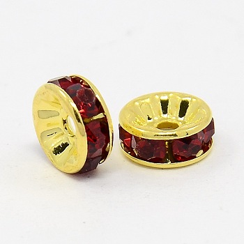 Brass Grade A Rhinestone Spacer Beads, Golden Plated, Rondelle, Nickel Free, Siam, 4x2mm, Hole: 0.8mm