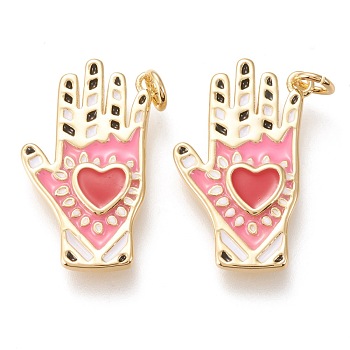 Brass Pendants, with Enamel and Jump Rings, Long-Lasting Plated, Palm with Heart, Pink, Golden, 24x14x2mm, Hole: 3mm