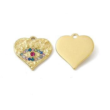 Vacuum Plating 201 Stainless Steel Charms, Colorful Rhinestone Heart with Evil Eye, Real 18K Gold Plated, 14.5x15x2mm, Hole: 1.4mm