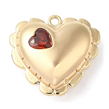 Brass Pendants, with Glass, Nickel Free, Heart Charms, Real 18K Gold Plated, Red, 15.5x16.5x6.5mm, Hole: 1.2mm