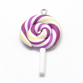 Handmade Polymer Clay Big Pendants, Lollipop, Purple, 48~56x27~29x7~10mm, Hole: 2mm