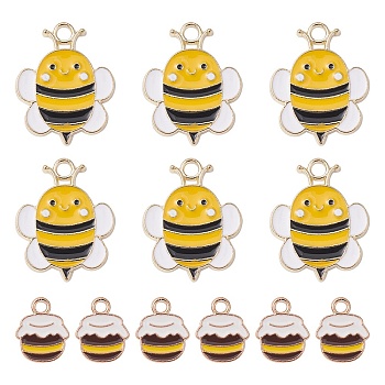 12Pcs 2 Styles Alloy Enamel Pendants, Bee & Honey Jar: Charm, Golden, Gold, 12.5~23x10~18x1.5mm, Hole: 1.8~2.5mm, 6pcs/style