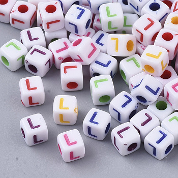 White Opaque Acrylic Beads, Horizontal Hole, Cube with Mixed Color Letter, Letter.L, 5x5x5mm, Hole: 2mm, about 5000pcs/500g