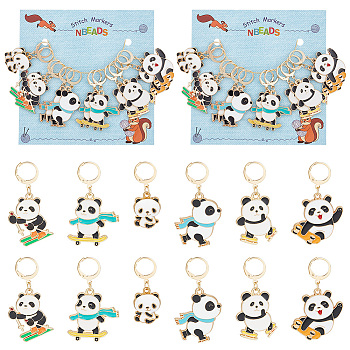Alloy Enamel Pendant Locking Stitch Markers, 304 Stainless Steel Leverback Earring & Steel Wine Glass Charm Rings Stitch Marker, Panda, Mixed Color, 3.6~4.7cm, 6 style, 2pcs/style, 12pcs/set