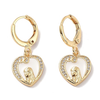 Real 18K Gold Plated Brass Dangle Leverback Earrings, with Enamel and Cubic Zirconia, Heart, 26.5x13.5mm