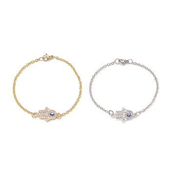2Pcs 2 Color Crystal Rhinestone Hamsa Hand with Evil Eye Link Bracelet, Alloy Jewelry for Women, Platinum & Golden, 7-1/2 inch(19cm), 1Pc/color