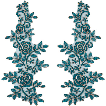 Flower Polyester Embroidery Lace Appliques, Ornament Accessories for Cheongsam, Dress, Dark Green, 360x140x1mm
