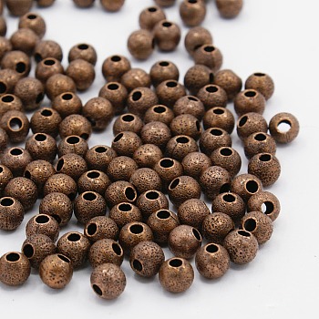 Brass Textured Beads, Nickel Free, Round, Red Copper Color, Size: about 6mm in diameter, hole: 1mm