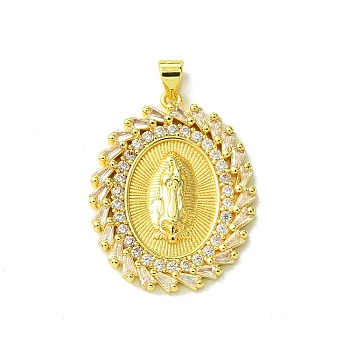Real 18K Gold Plated Brass Micro Pave Cubic Zirconia Pendants, Oval with Virgin, Clear, 31.5x24.5x3mm, Hole: 3.5x4.5mm