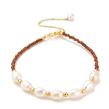 Natural Garnet Bead Bracelets, with Sterling Silver Beads and Pearl Beads, Real 18K Gold Plated, 17.8cm